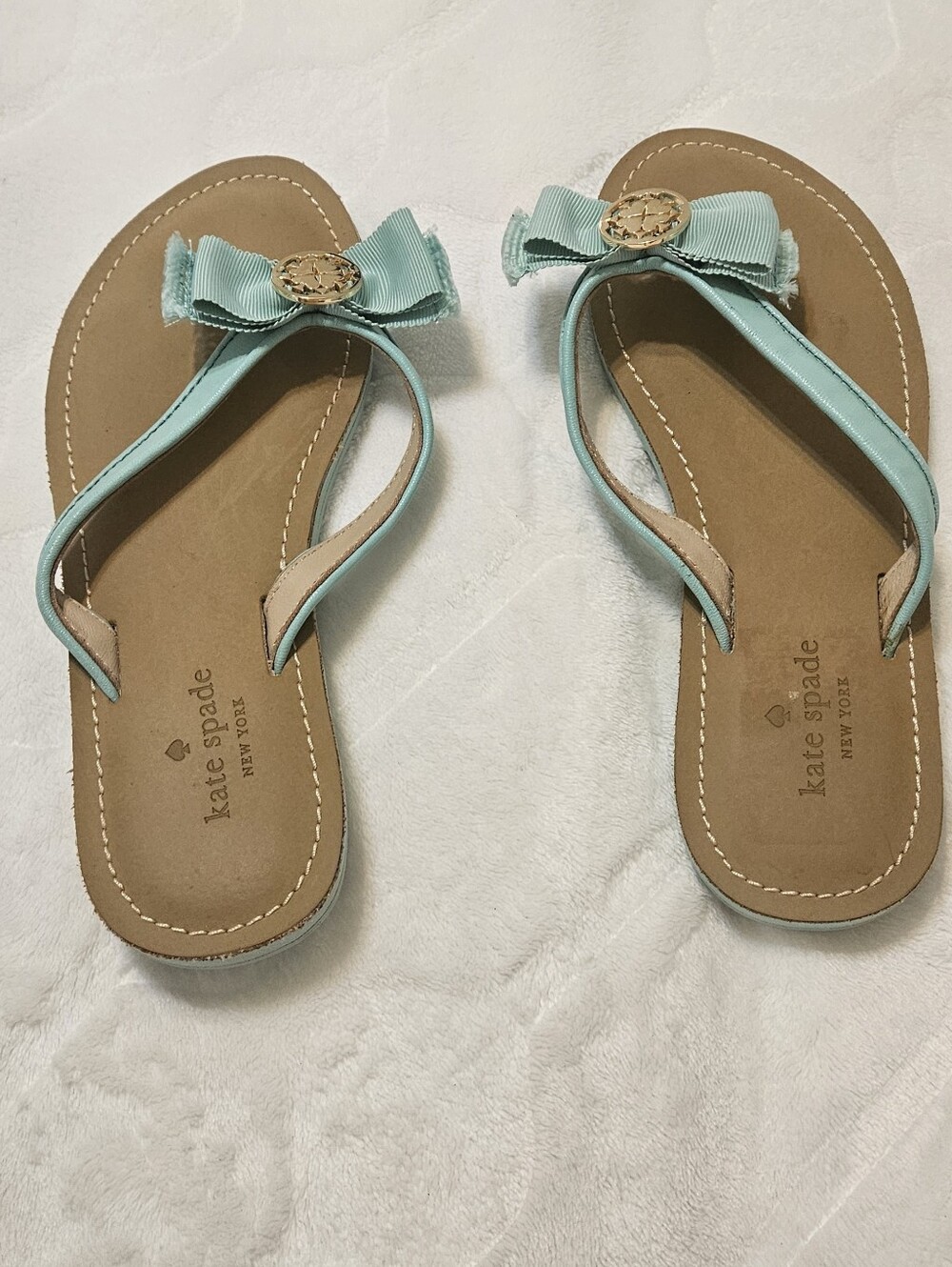 kate spade Mint Green Bow Thong Sandals with Gold Medallion